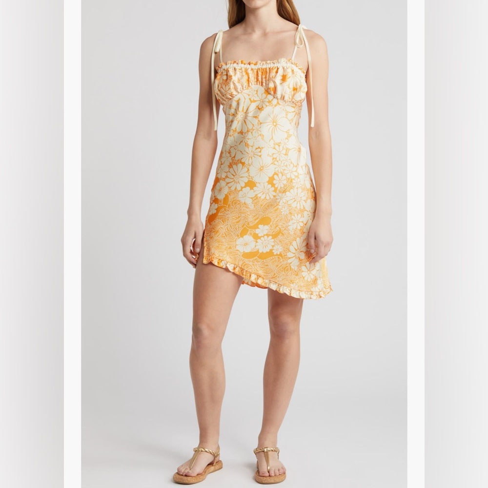 NWT! FREE PEOPLE Intimates Retro Daisy Floral Yellow/Orange Asymmetric Slipdress